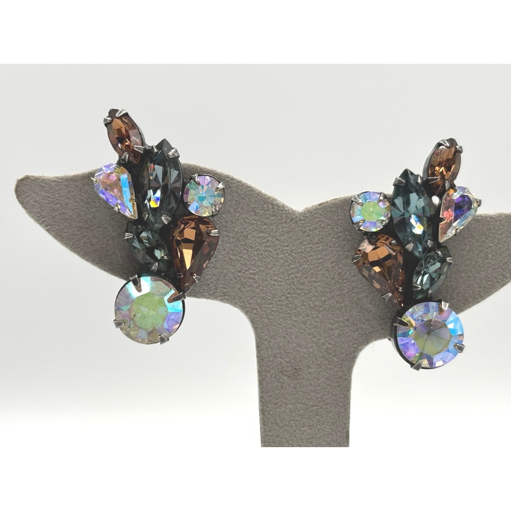 Vintage Weiss Multicolor Rhinestone Clip On Earrings Elegant Cocktail Jewelry - Picture 10 of 11